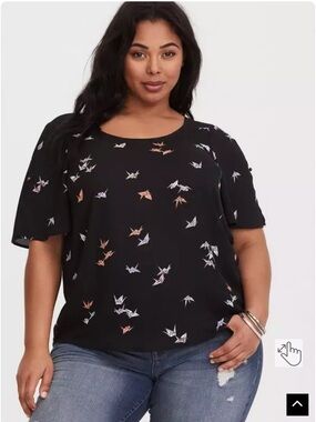 Torrid Black Crane Georgette Bow Back Blouse